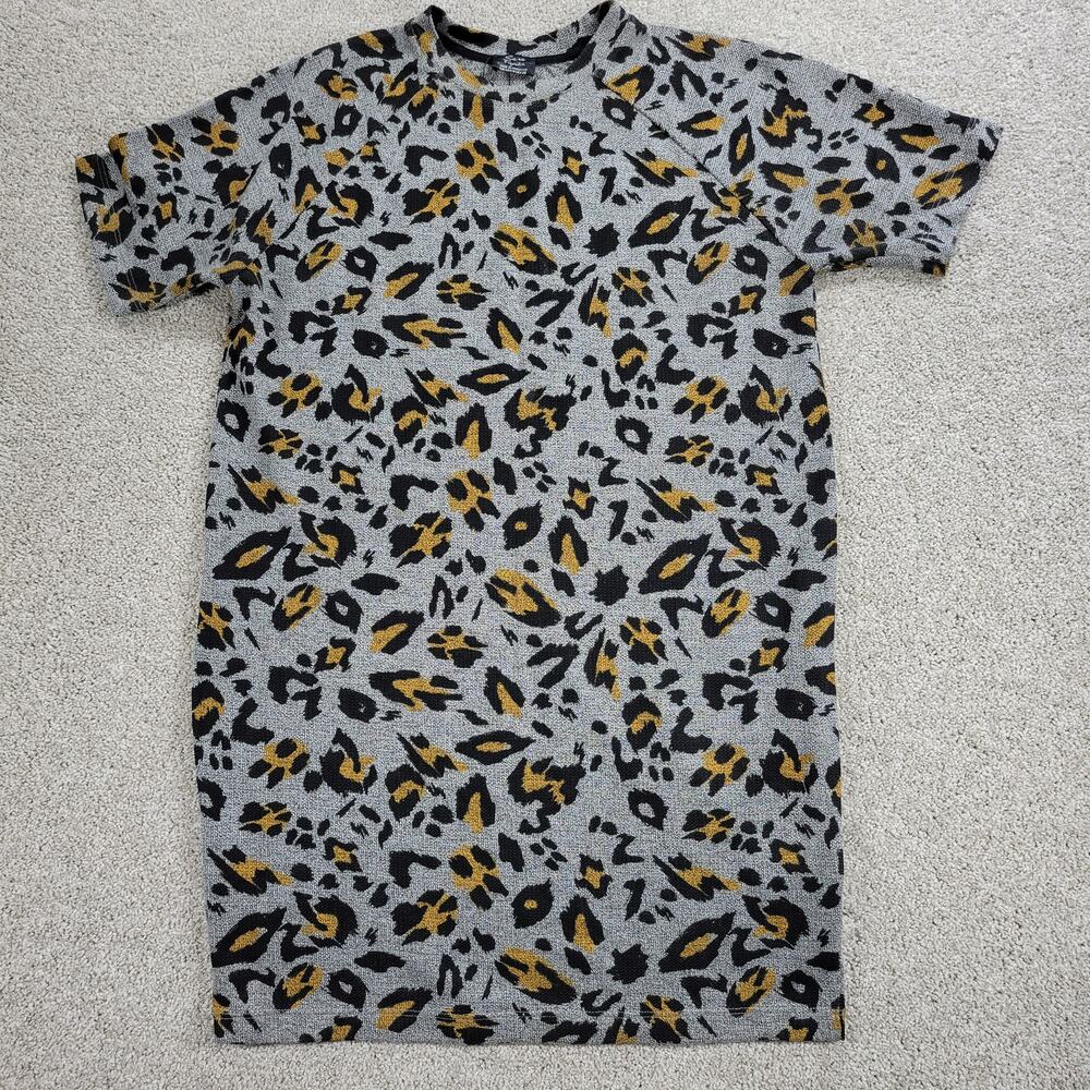 Trafaluc Zara Knit T-Shirt Dress M Gray Black Leopard Animal Print Viscose Mini